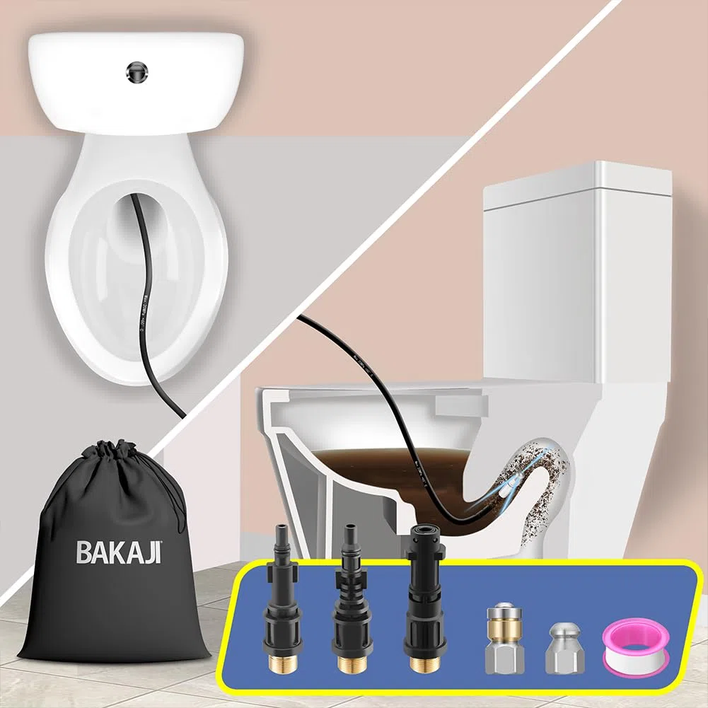 BAKAJI Sonda Sturatubi Spurgatubi Alta Pressione 200 Bar, Sistema Antipiega con Custodia, 3 adattatori, 2 ugelli fissi e rotanti, Compatibile con idropulitrice Kärcher k2-k7 LAVOR (15 Metri con Borsa)