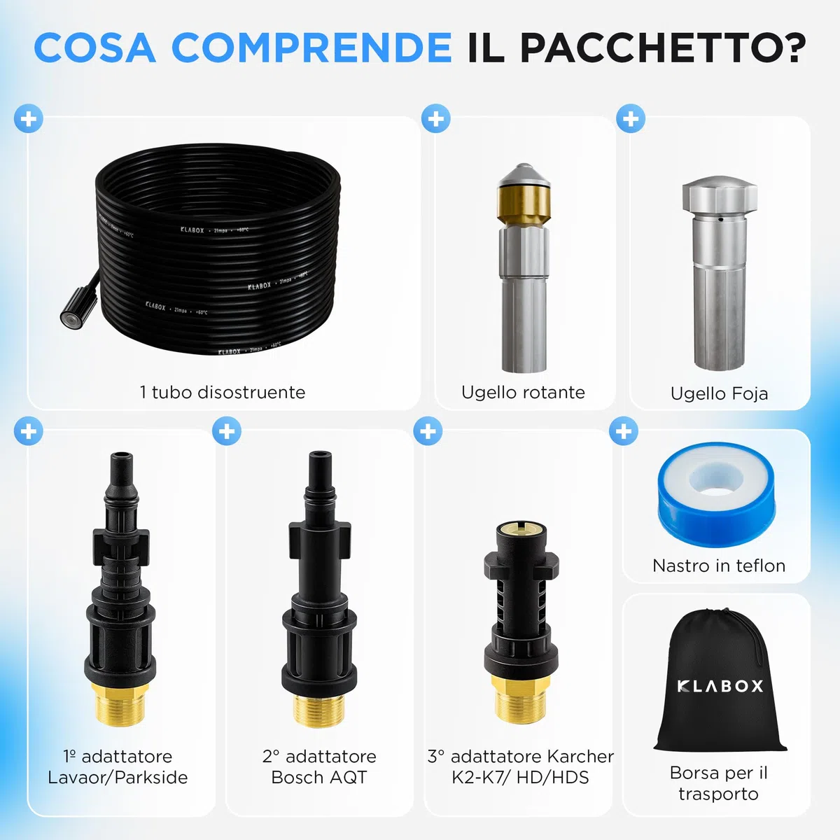 Sonda Sturatubi per Idropulitrice 15 Metri | Compatibile con Karcher K2-K7, Lavor, Bosch, Parkside e Altre Marche | | Include 3 Adattatori, 2 Ugelli, 1 Borsa e 1 Nastro Teflon