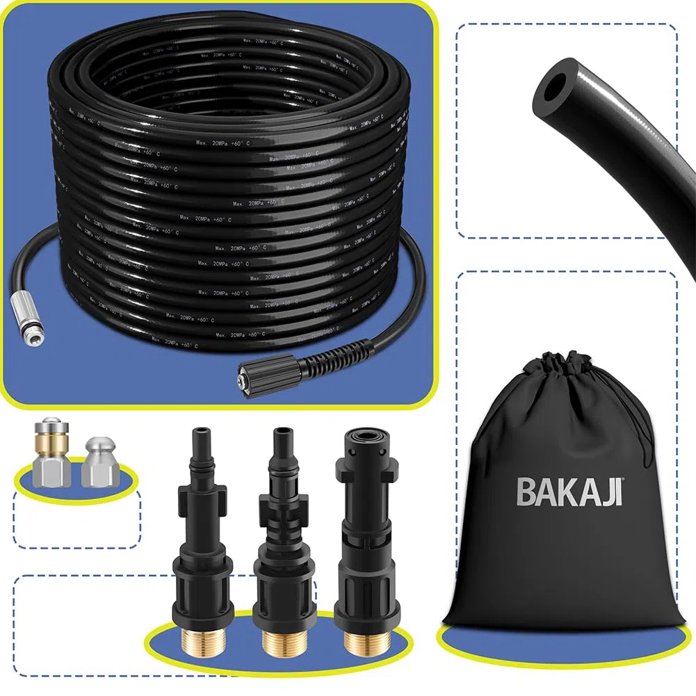 BAKAJI Sonda Sturatubi Spurgatubi Alta Pressione 200 Bar, Sistema Antipiega con Custodia, 3 adattatori, 2 ugelli fissi e rotanti, Compatibile con idropulitrice Kärcher k2-k7 LAVOR (15 Metri con Borsa)