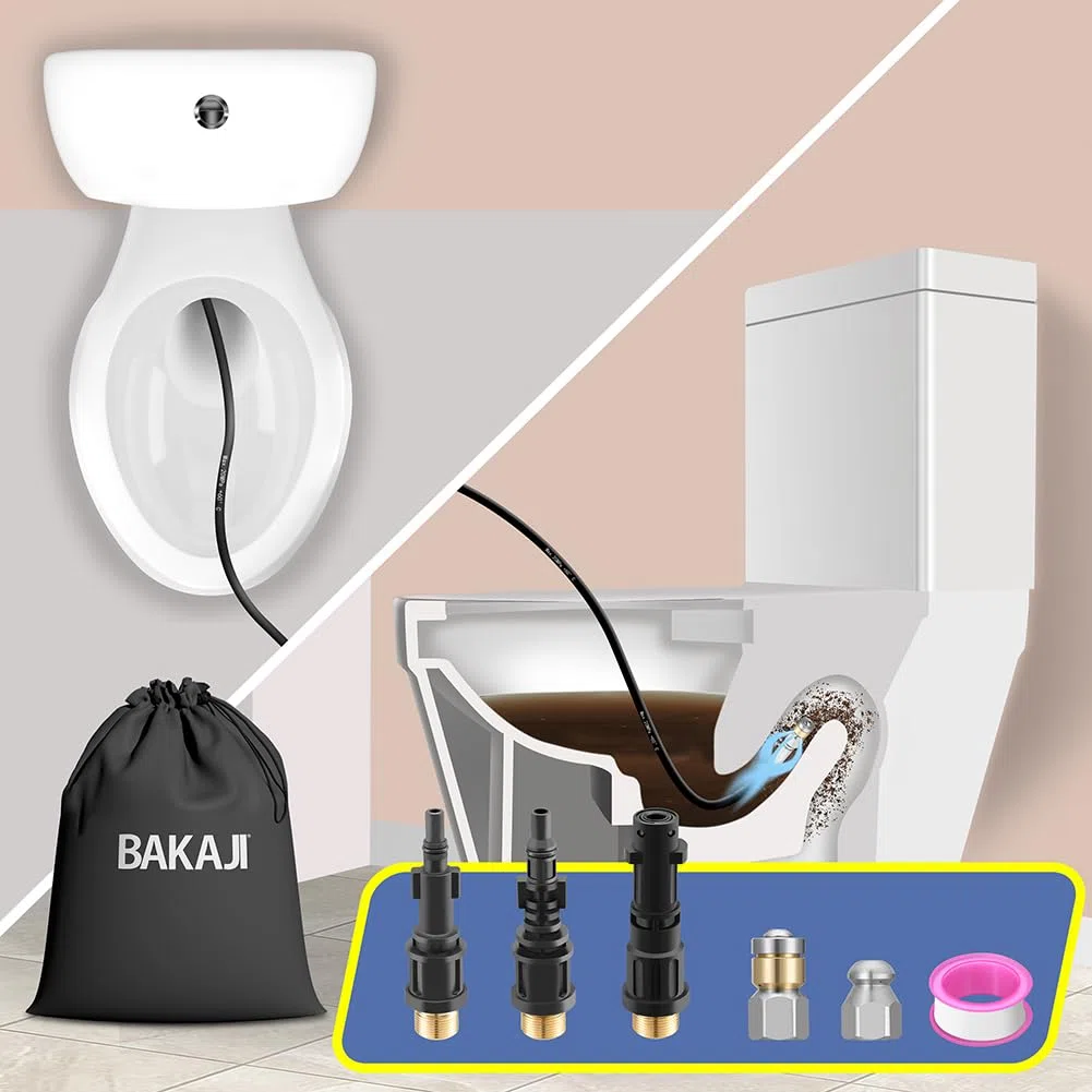 BAKAJI Sonda Sturatubi Spurgatubi Alta Pressione 200 Bar, Sistema Antipiega con Custodia, 3 adattatori, 2 ugelli fissi e rotanti, Compatibile con idropulitrice Kärcher k2-k7 LAVOR (15 Metri con Borsa)