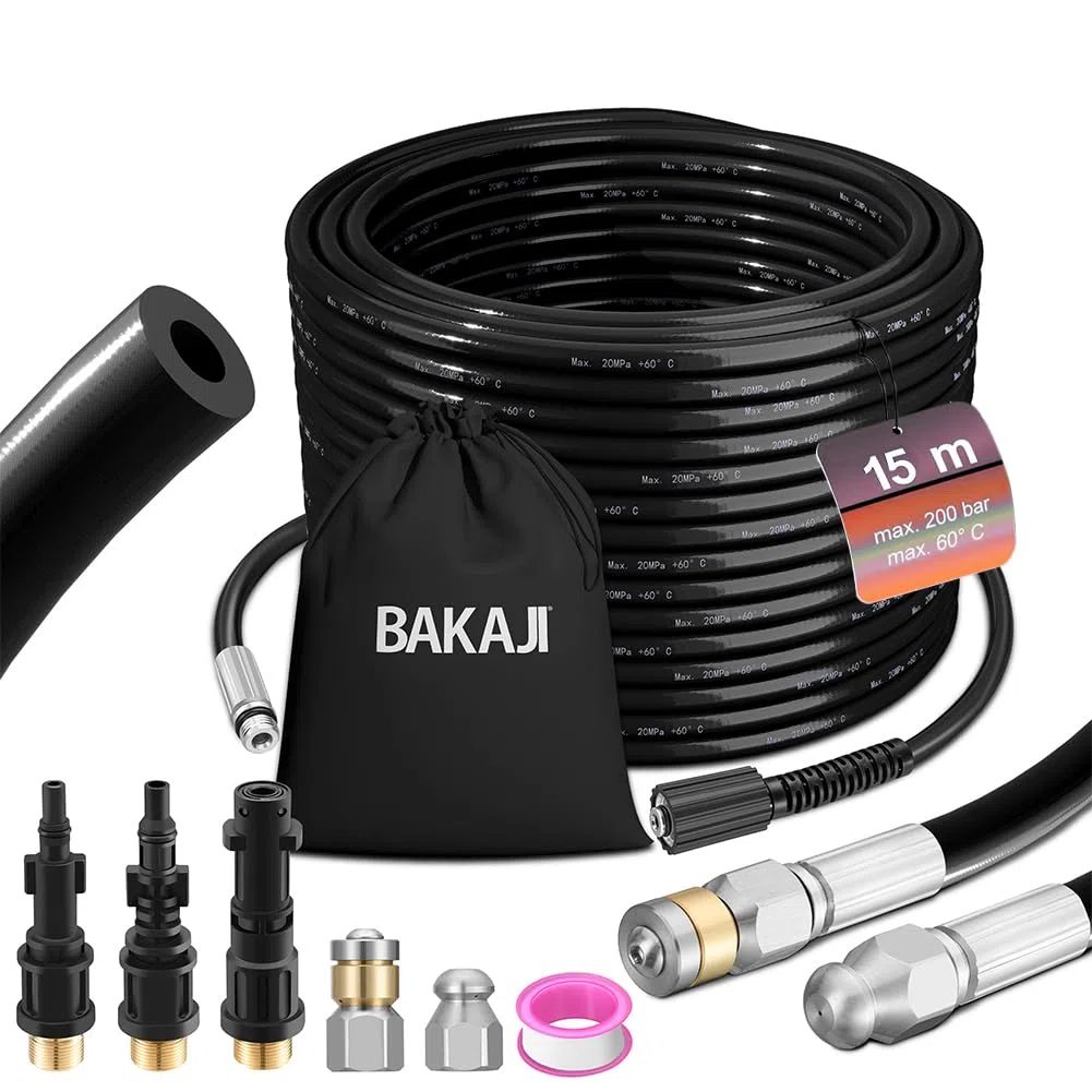 BAKAJI Sonda Sturatubi Spurgatubi Alta Pressione 200 Bar, Sistema Antipiega con Custodia, 3 adattatori, 2 ugelli fissi e rotanti, Compatibile con idropulitrice Kärcher k2-k7 LAVOR (15 Metri con Borsa)