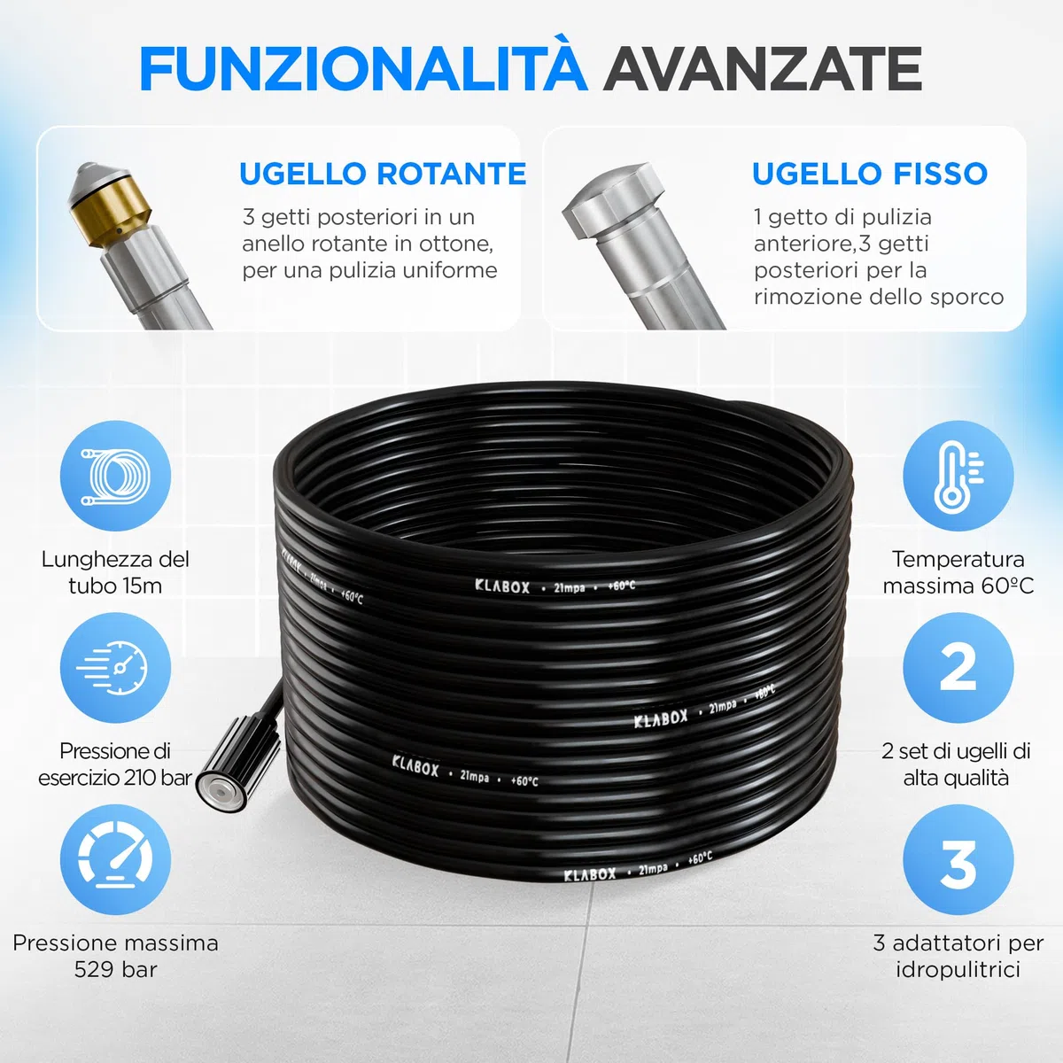 Sonda Sturatubi per Idropulitrice 15 Metri | Compatibile con Karcher K2-K7, Lavor, Bosch, Parkside e Altre Marche | | Include 3 Adattatori, 2 Ugelli, 1 Borsa e 1 Nastro Teflon