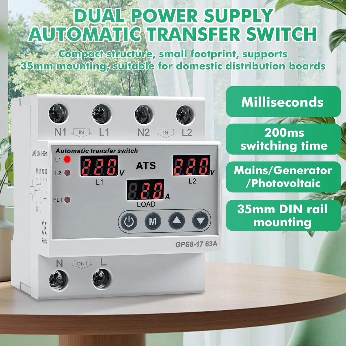Commutatore di rete automatico ATS 63A Interruttore trasferimento Monofase AC220V Display LED con Protezione regolabile da sovratensione e sottotensione per Gruppo Elettrogeno e Rete Elettrica GPS8-17