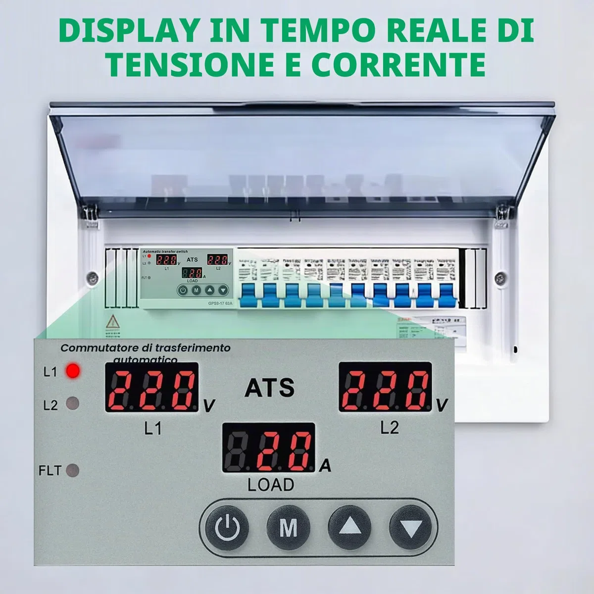 Commutatore di rete automatico ATS 63A Interruttore trasferimento Monofase AC220V Display LED con Protezione regolabile da sovratensione e sottotensione per Gruppo Elettrogeno e Rete Elettrica GPS8-17