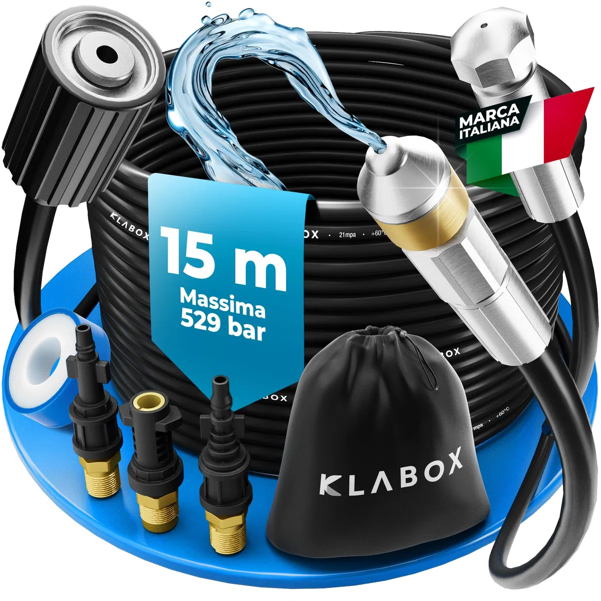 Sonda Sturatubi per Idropulitrice 15 Metri | Compatibile con Karcher K2-K7, Lavor, Bosch, Parkside e Altre Marche | | Include 3 Adattatori, 2 Ugelli, 1 Borsa e 1 Nastro Teflon