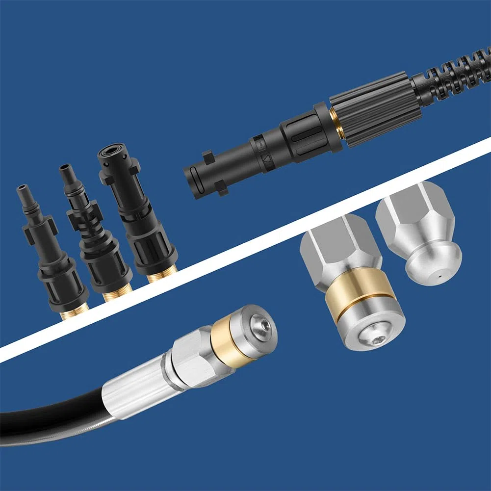 BAKAJI Sonda Sturatubi Spurgatubi Alta Pressione 200 Bar, Sistema Antipiega con Custodia, 3 adattatori, 2 ugelli fissi e rotanti, Compatibile con idropulitrice Kärcher k2-k7 LAVOR (15 Metri con Borsa)