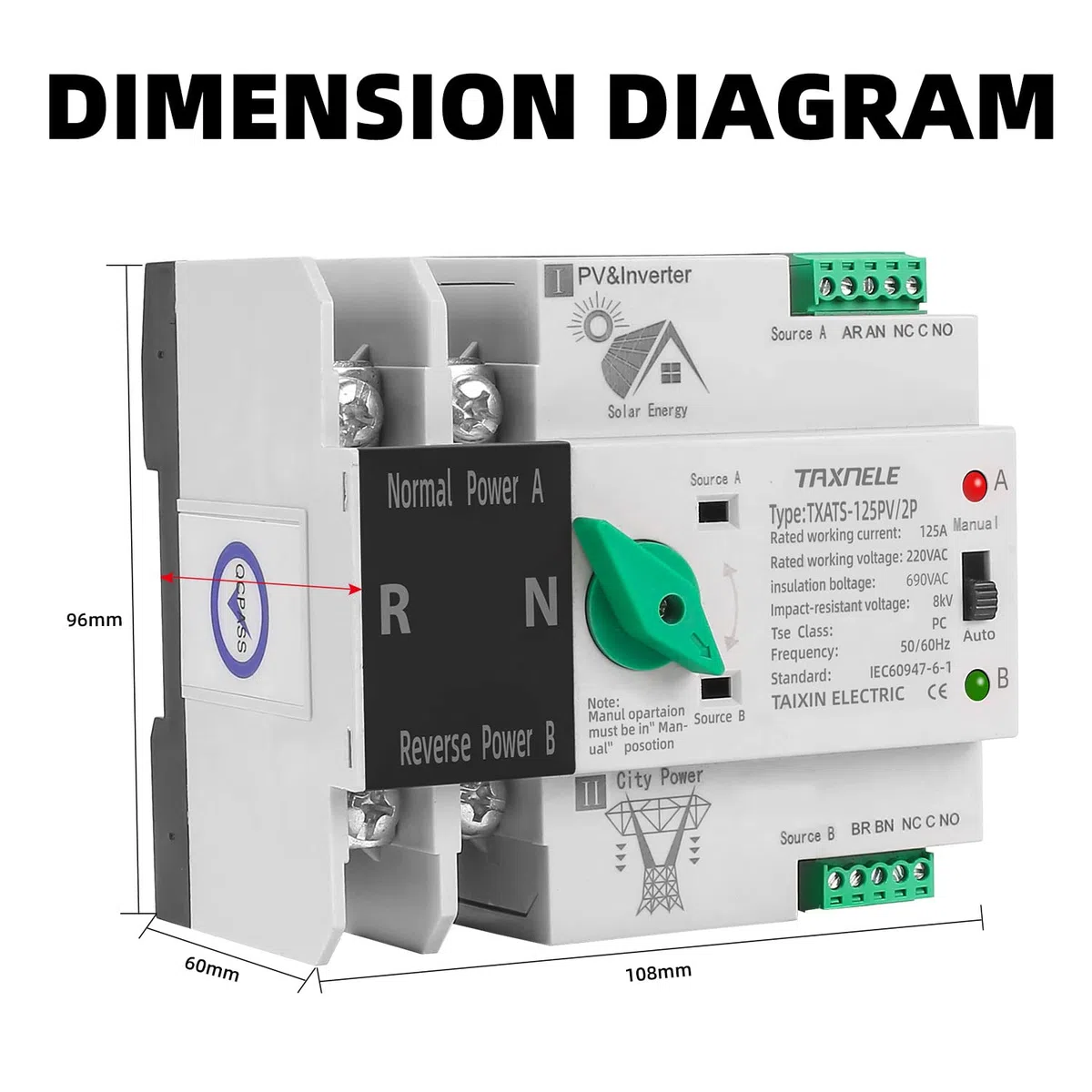 Interruttore di trasferimento automatico a doppia alimentazione Alimentazione ininterrotta 2P 63A 100A 125A Commutatore automatico fotovoltaico Interruttore a levetta ATS PV Solar Inverter UPS (125A)