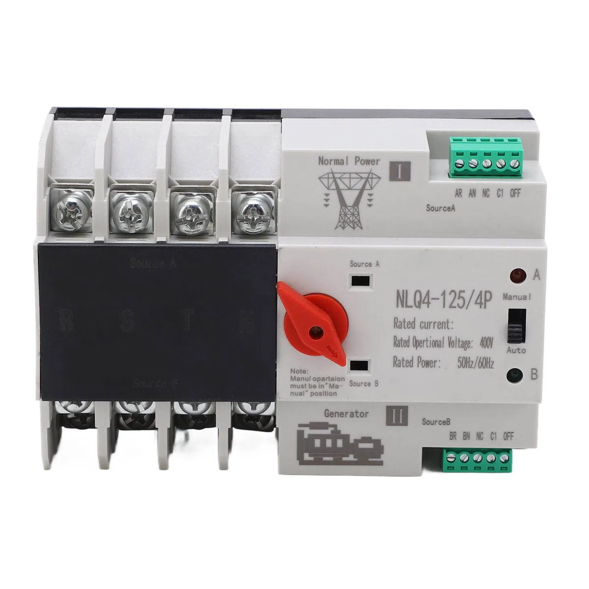 Buachois Interruttore di Trasferimento Automatico Dual Power,AC 400V 4P ATS Interruttore di Trasferimento Automatico a Doppia Alimentazione per Elettricità Municipale, UPS, Inverter, Solare(100A)