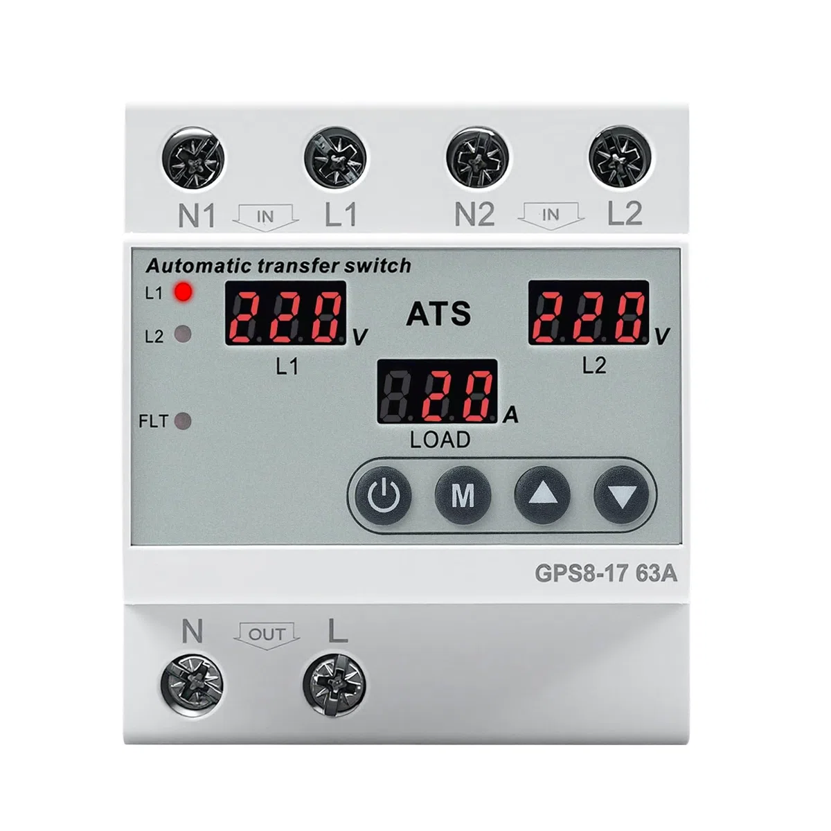 Commutatore di rete automatico ATS 63A Interruttore trasferimento Monofase AC220V Display LED con Protezione regolabile da sovratensione e sottotensione per Gruppo Elettrogeno e Rete Elettrica GPS8-17