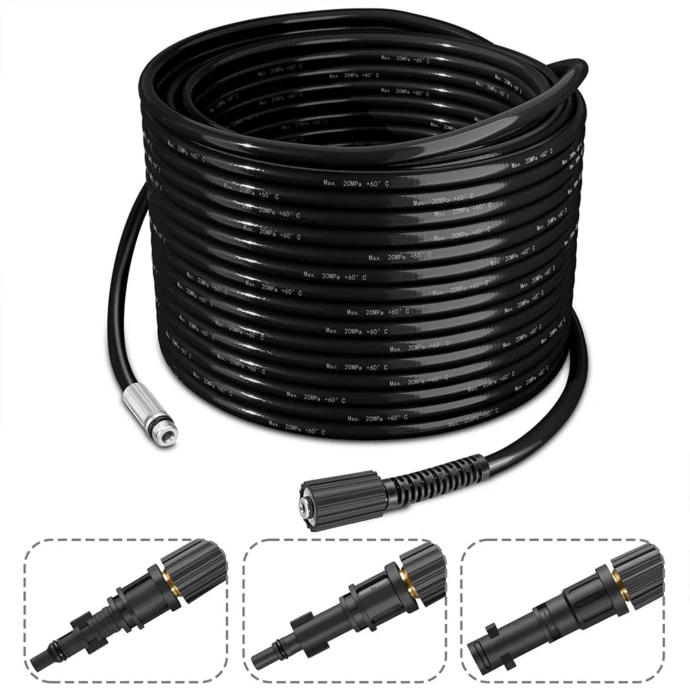 BAKAJI Sonda Sturatubi Spurgatubi Alta Pressione 200 Bar, Sistema Antipiega con Custodia, 3 adattatori, 2 ugelli fissi e rotanti, Compatibile con idropulitrice Kärcher k2-k7 LAVOR (15 Metri con Borsa)