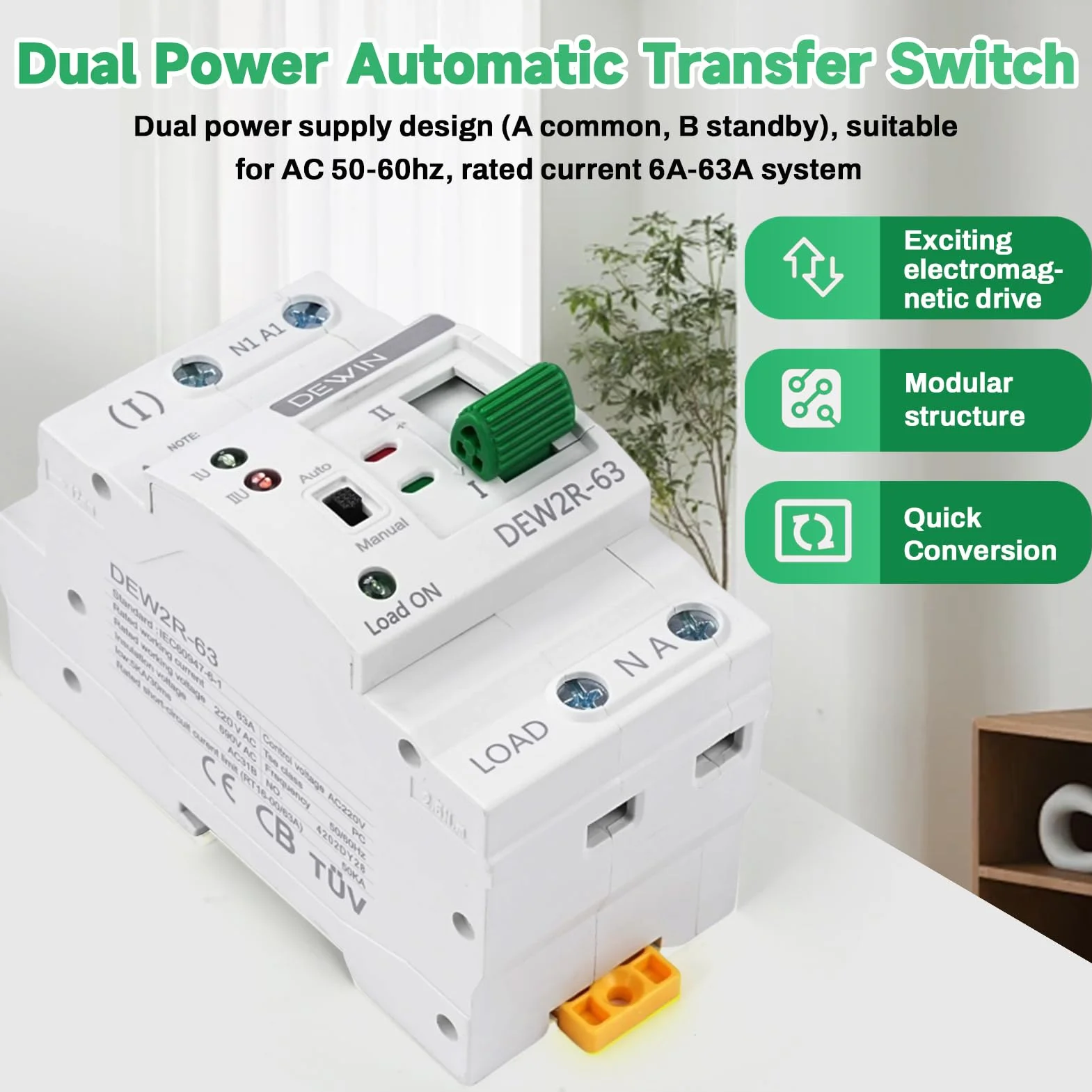 Interruttore di Trasferimento Automatico 63A 2P 220V, ATS Commutatore Elettronico Interruttore di Trasferimento Automatico a doppia alimentazione per guida DIN Selettori elettrici (2P-63A, AC220V)