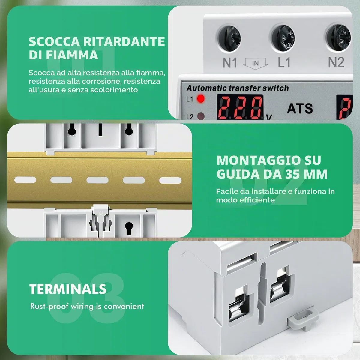 Commutatore di rete automatico ATS 63A Interruttore trasferimento Monofase AC220V Display LED con Protezione regolabile da sovratensione e sottotensione per Gruppo Elettrogeno e Rete Elettrica GPS8-17
