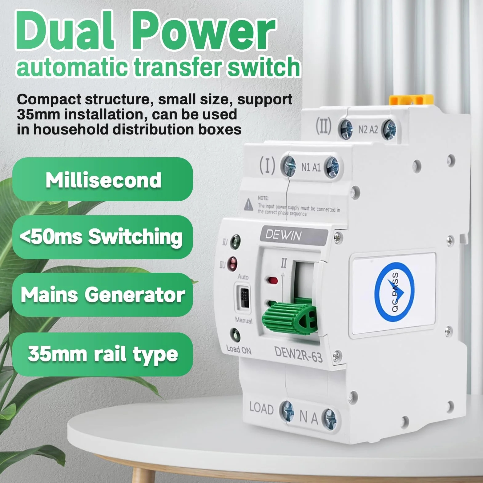 Interruttore di Trasferimento Automatico 63A 2P 220V, ATS Commutatore Elettronico Interruttore di Trasferimento Automatico a doppia alimentazione per guida DIN Selettori elettrici (2P-63A, AC220V)