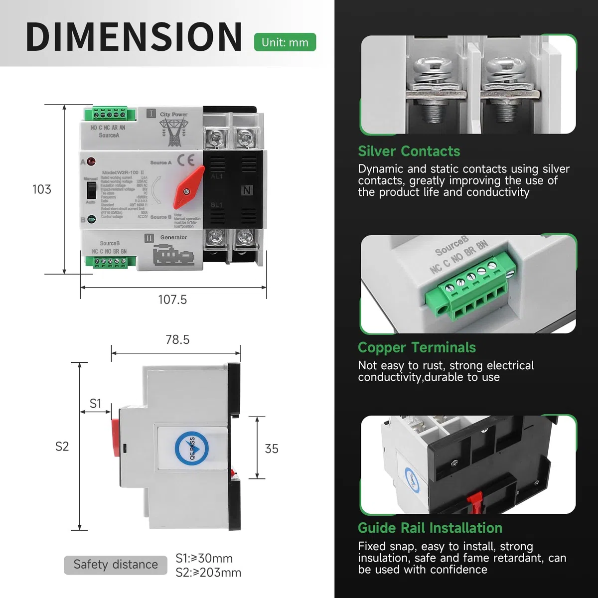 AC16-125A ATS Fotovoltaico Interruttore Switch Solare Automatico Trasferimento W2R 2P 220V Doppia Alimentazione Adatto Per UPS Industriali E Domestici