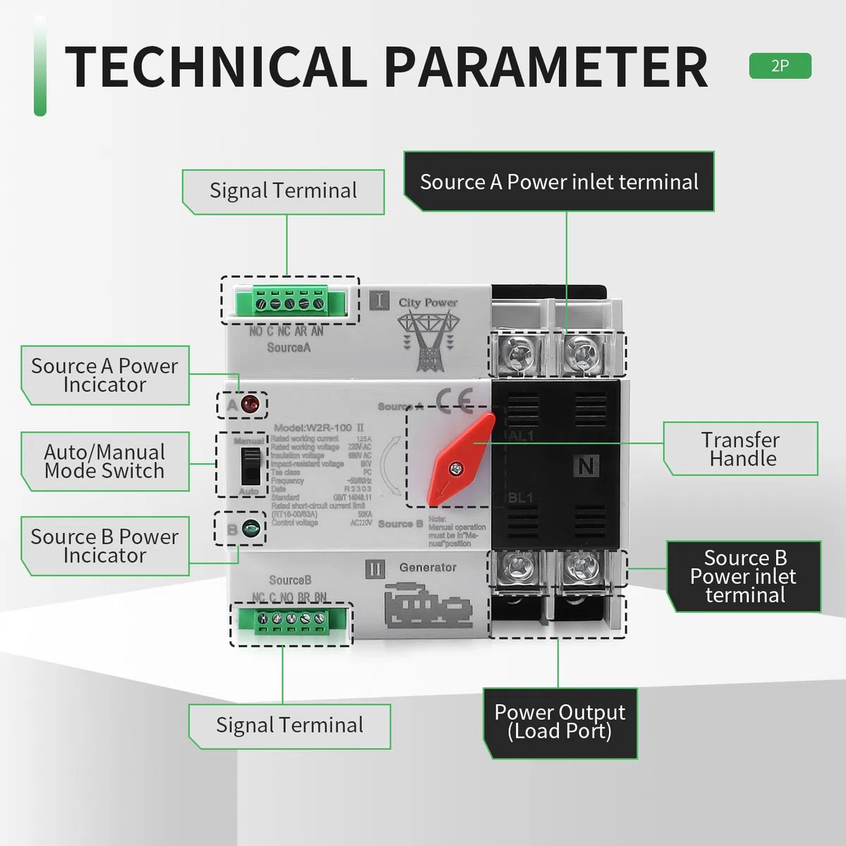 AC16-125A ATS Fotovoltaico Interruttore Switch Solare Automatico Trasferimento W2R 2P 220V Doppia Alimentazione Adatto Per UPS Industriali E Domestici