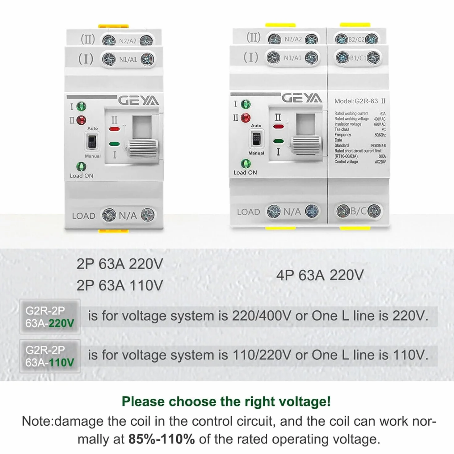 GEYA Mini ATS Interruttore di commutazione doppia alimentazione automatico/manuale,interruttore solare automatico con protezione tensione alimentazione ininterrotta montaggio guida DIN(2P 63A CA220V)