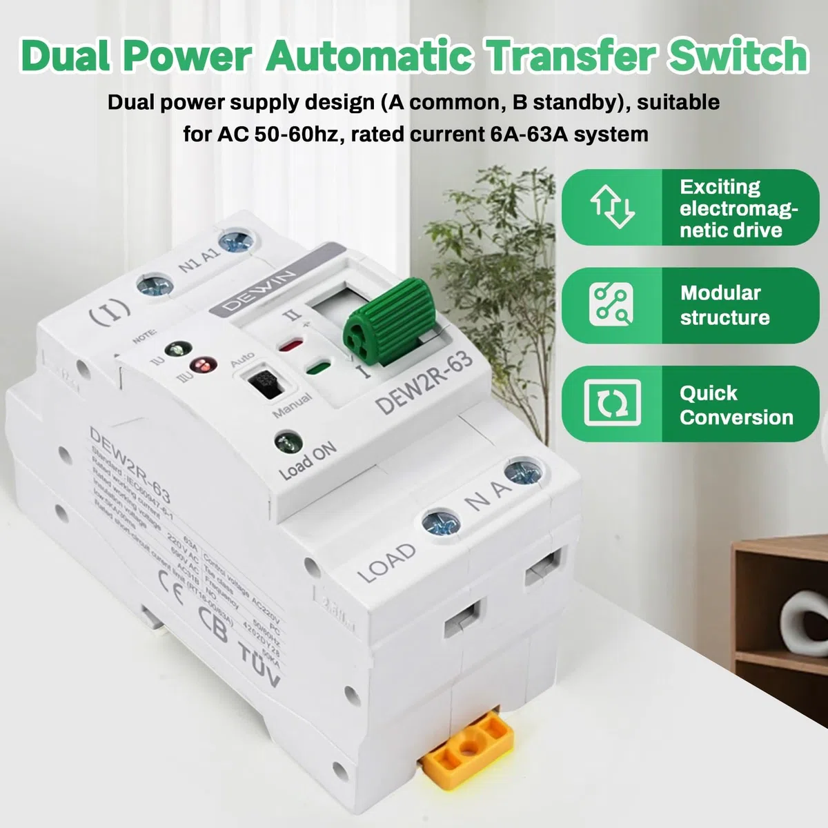 DEWIN Interruttore di Trasferimento Automatico,2P 63A 220V ATS Commutatore G2R Interruttore di Trasferimento Automatico a Doppia Alimentazione (Con Manuale in Italiano)
