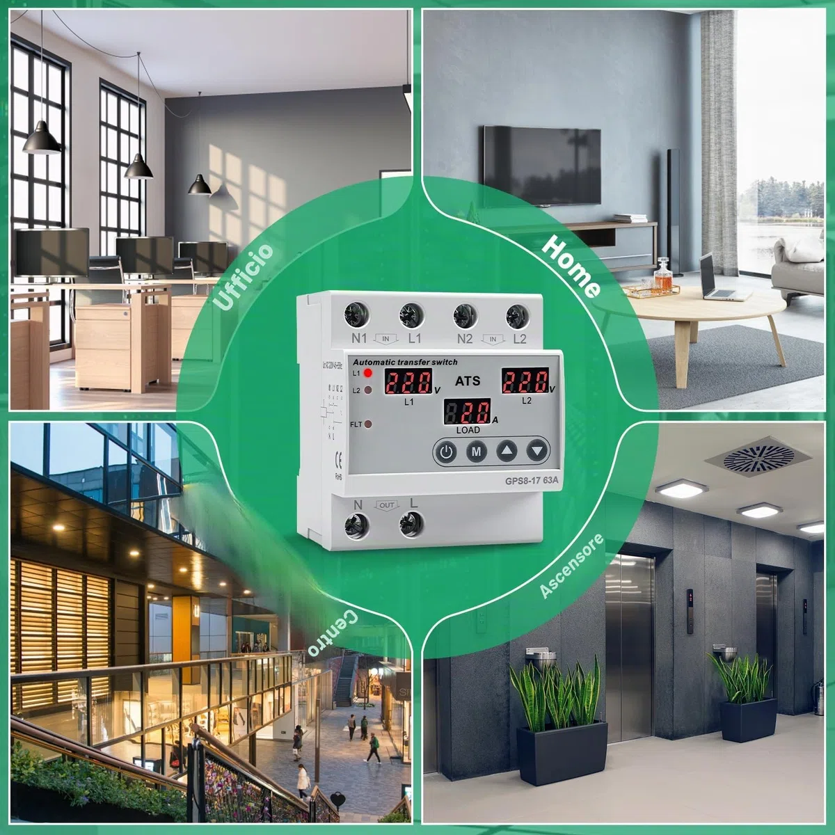 Commutatore di rete automatico ATS 63A Interruttore trasferimento Monofase AC220V Display LED con Protezione regolabile da sovratensione e sottotensione per Gruppo Elettrogeno e Rete Elettrica GPS8-17