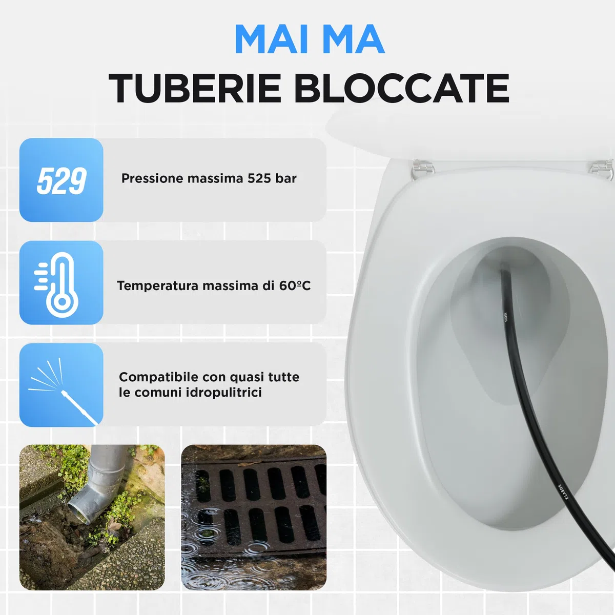 Sonda Sturatubi per Idropulitrice 15 Metri | Compatibile con Karcher K2-K7, Lavor, Bosch, Parkside e Altre Marche | | Include 3 Adattatori, 2 Ugelli, 1 Borsa e 1 Nastro Teflon
