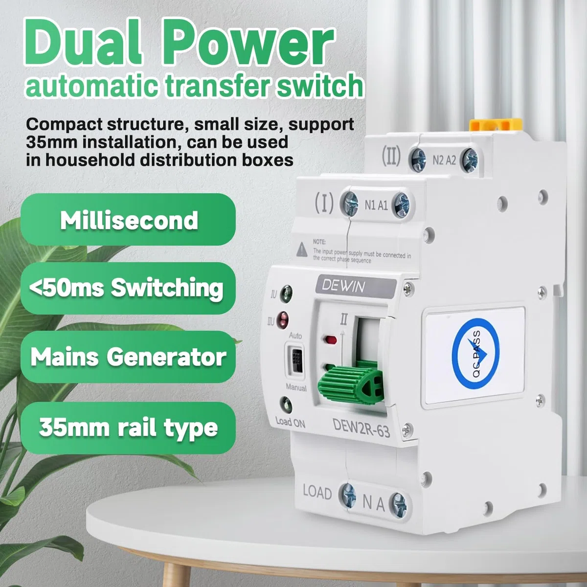 DEWIN Interruttore di Trasferimento Automatico,2P 63A 220V ATS Commutatore G2R Interruttore di Trasferimento Automatico a Doppia Alimentazione (Con Manuale in Italiano)