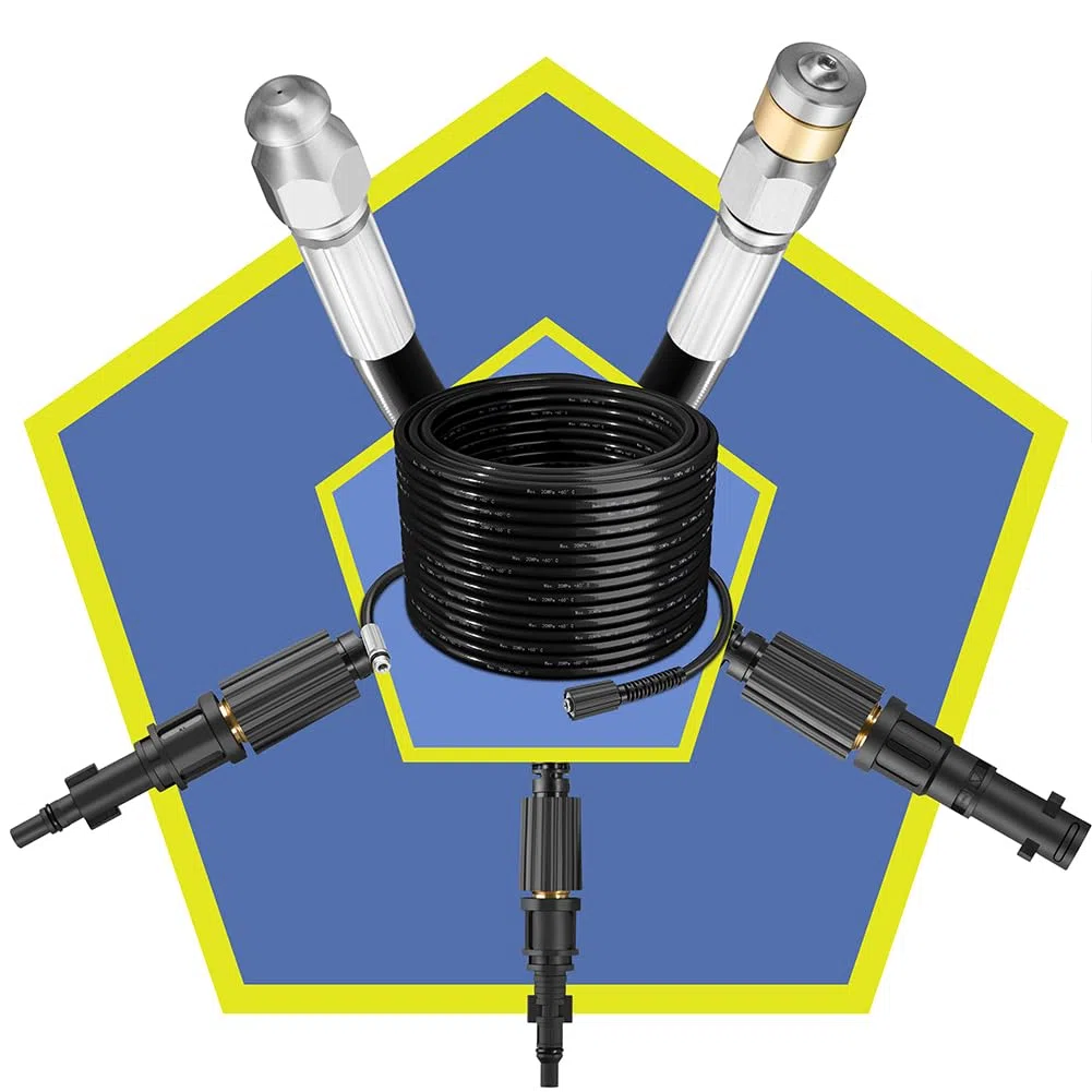 BAKAJI Sonda Sturatubi Spurgatubi Alta Pressione 200 Bar, Sistema Antipiega con Custodia, 3 adattatori, 2 ugelli fissi e rotanti, Compatibile con idropulitrice Kärcher k2-k7 LAVOR (15 Metri con Borsa)