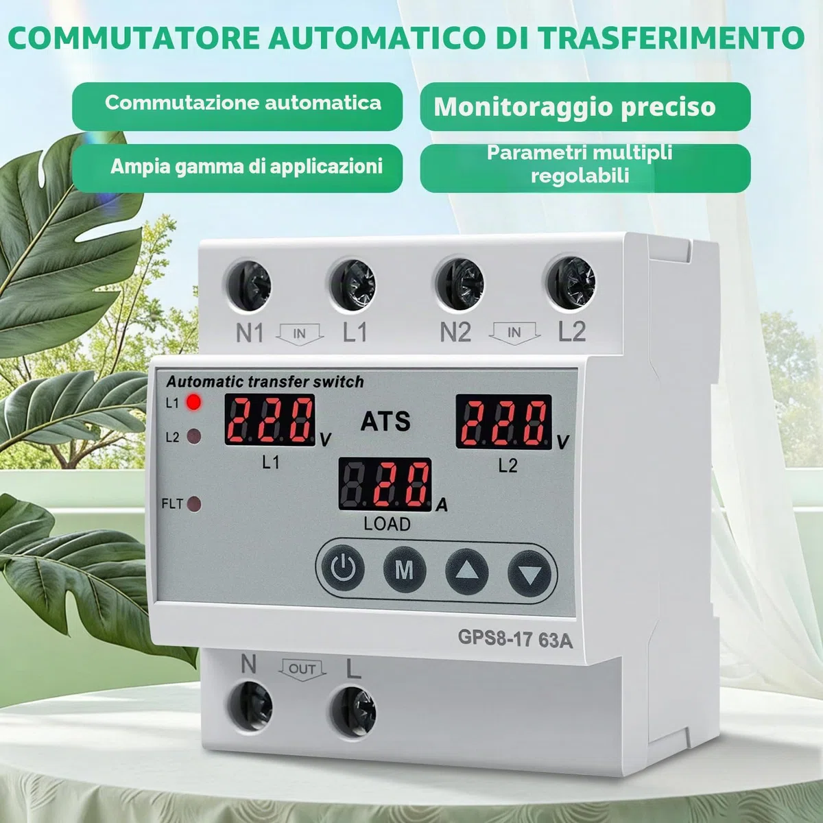 Commutatore di rete automatico ATS 63A Interruttore trasferimento Monofase AC220V Display LED con Protezione regolabile da sovratensione e sottotensione per Gruppo Elettrogeno e Rete Elettrica GPS8-17