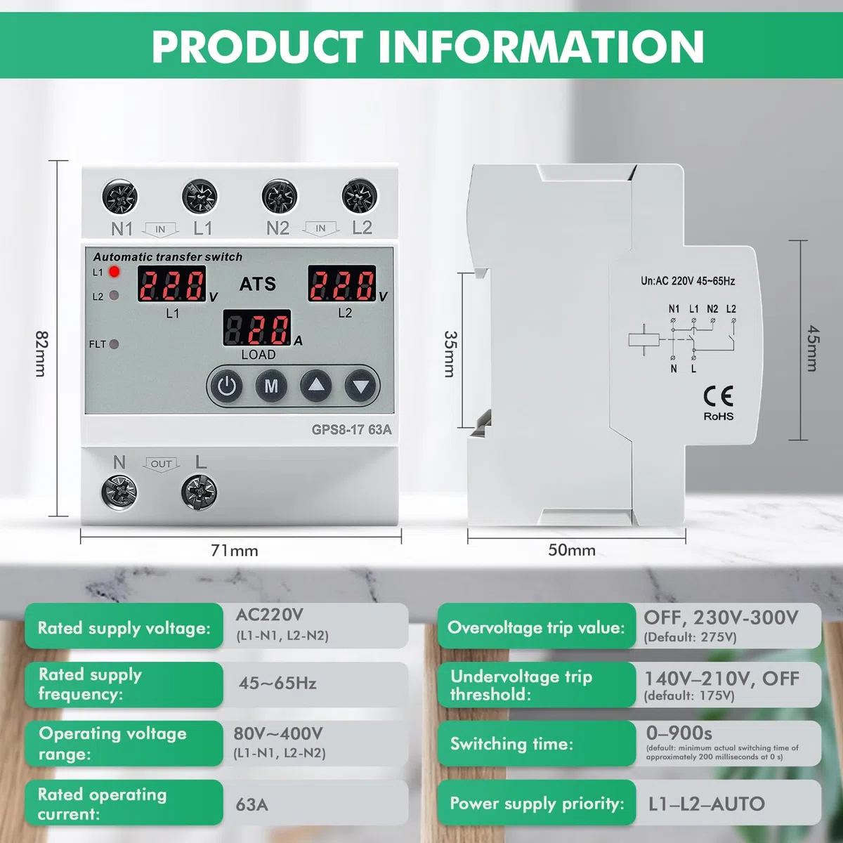 Commutatore di rete automatico ATS 63A Interruttore trasferimento Monofase AC220V Display LED con Protezione regolabile da sovratensione e sottotensione per Gruppo Elettrogeno e Rete Elettrica GPS8-17