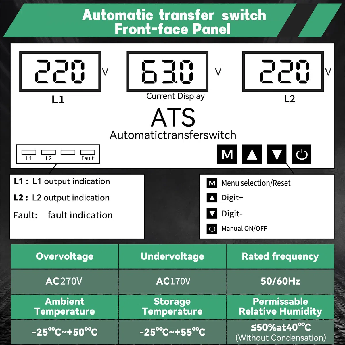 Interruttore di Trasferimento ATS 63A 220V Monofase Automatico, Switch con Protezione Sovratensione Sottotensione Regolabile e Display LED, Commutatore per Gruppo Elettrogeno e Rete Elettrica