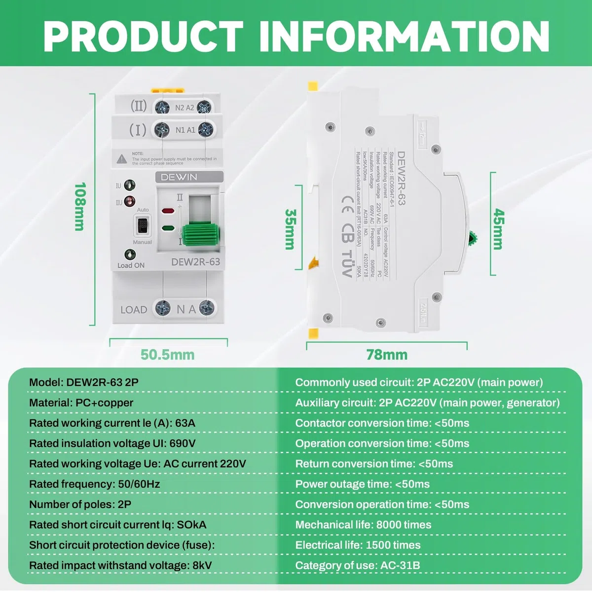 DEWIN Interruttore di Trasferimento Automatico,2P 63A 220V ATS Commutatore G2R Interruttore di Trasferimento Automatico a Doppia Alimentazione (Con Manuale in Italiano)