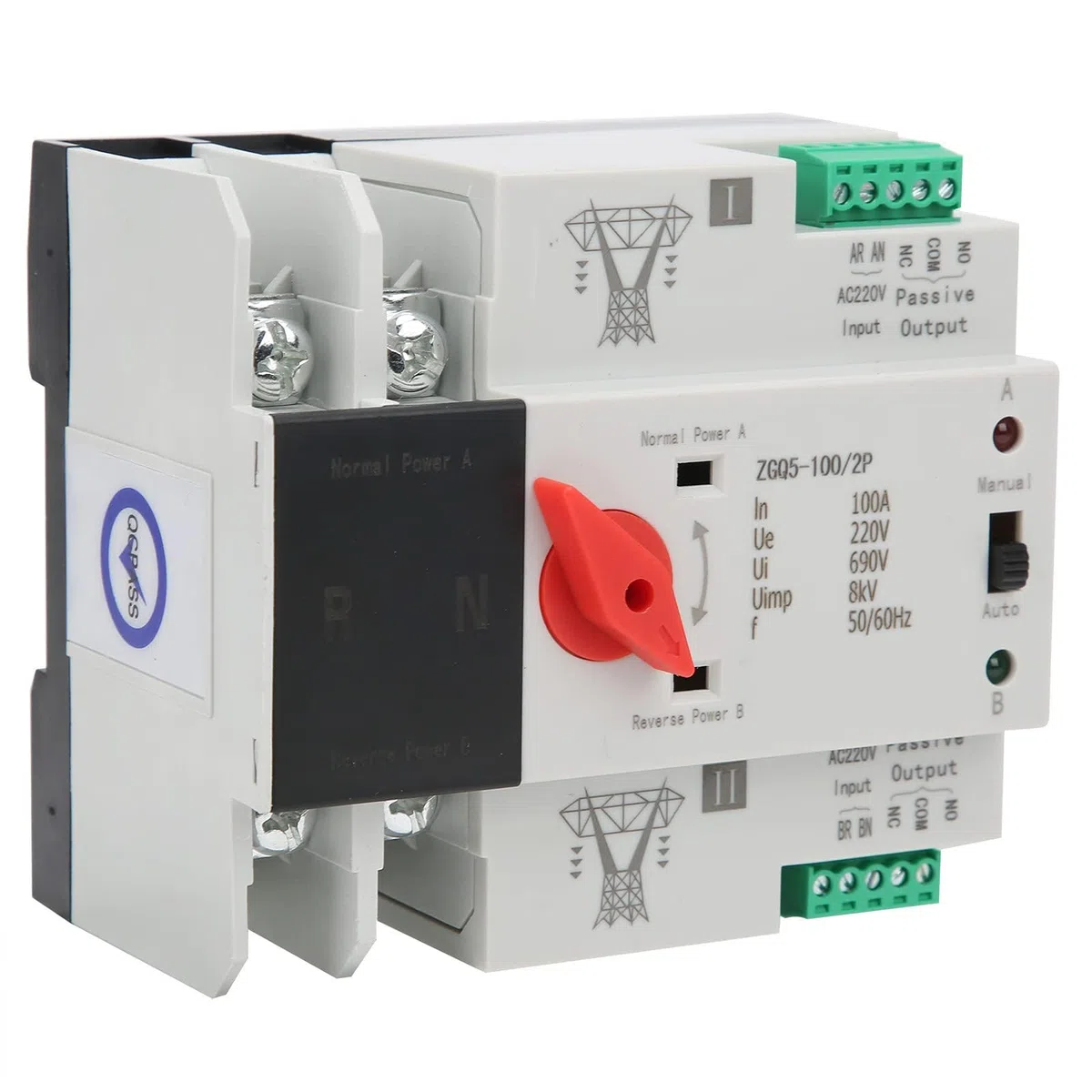 Interruttore di trasferimento, interruttore di trasferimento automatico a doppia potenza, controller di interruttore di trasferimento a 2 vie senza interruzione ZGQ5-100/2P 220V