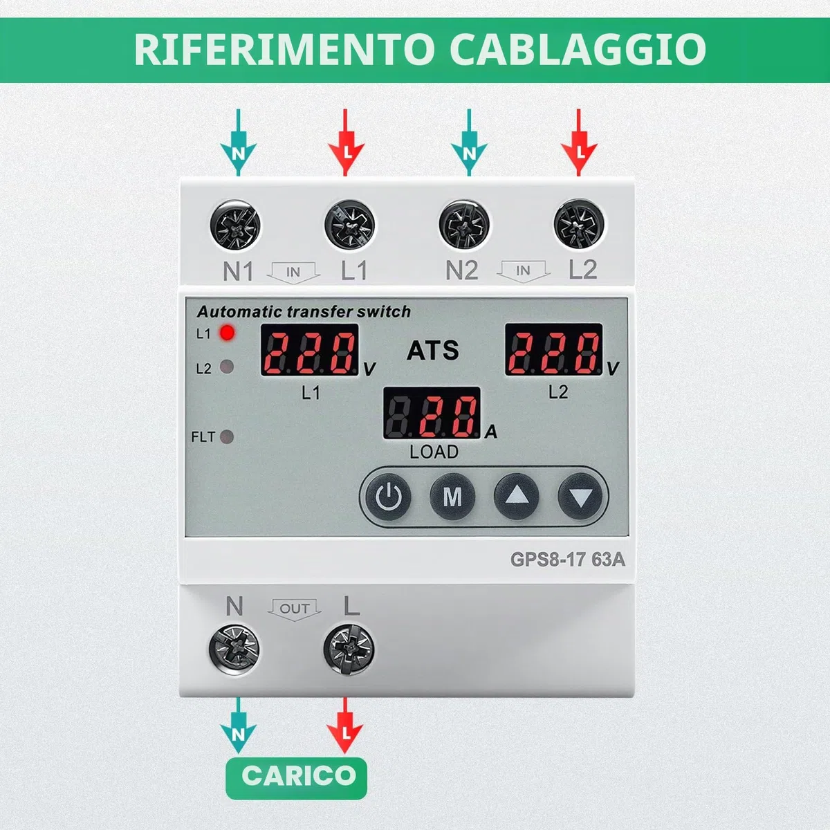 Commutatore di rete automatico ATS 63A Interruttore trasferimento Monofase AC220V Display LED con Protezione regolabile da sovratensione e sottotensione per Gruppo Elettrogeno e Rete Elettrica GPS8-17